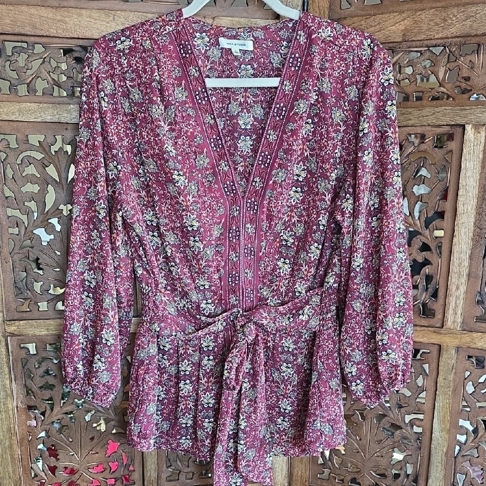 Max Studio Burgundy and Yellow Floral Top